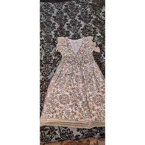 MAX STUDIO Empire Waist Maxi Dress Womens L Floral Ruffle V-Neck Smocked Fall